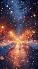 Naklejka premium Enchanting winter forest road with glowing blurred bokeh lights background.