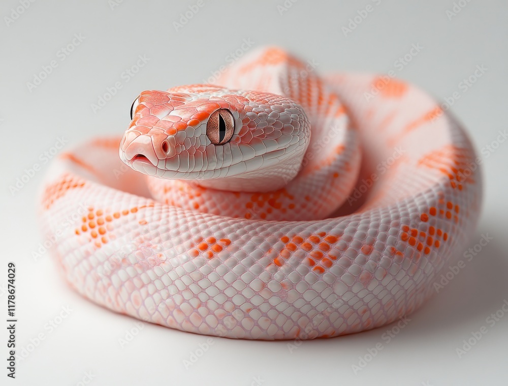 Poster Captivating Close-Up of a Beautiful Pink and White Snake, Showcasing Its Unique Scale Patterns and Expressive Eyes Against a Soft White Background