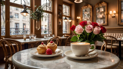 Fototapeta premium Parisian Cafe Delight: Indulge in the charm of a Parisian cafe, where a warm cup of cappuccino, delectable pastries, and a vibrant bouquet of roses create a scene of pure romance and tranquility. 