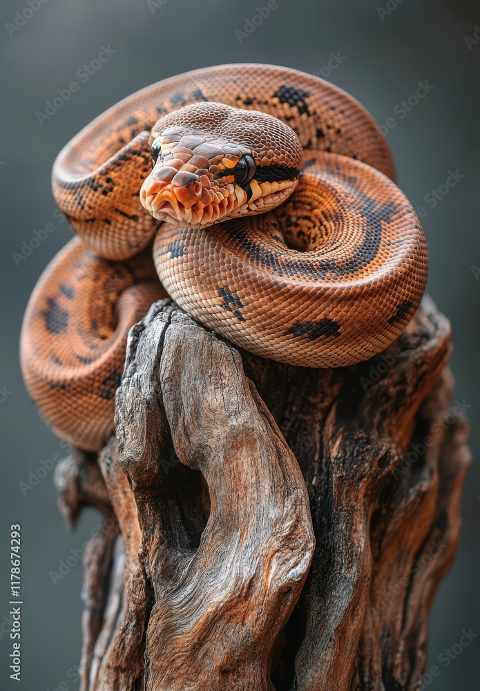 Poster captivating close-up of a beautifully patterned python twisted around a weathered wooden log in a na