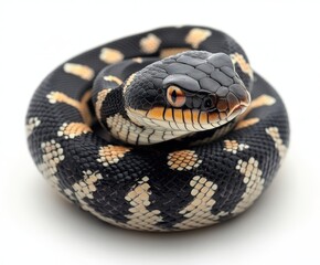 Obraz premium Captivating Close-Up of a Beautifully Patterned Snake Coiled on a White Background Showcasing Rich Colors and Intricate Textures for Wildlife Photography Projects