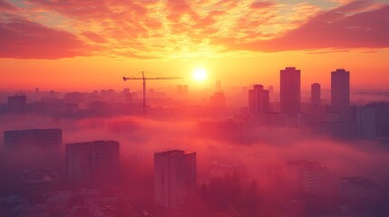 Sunrise over foggy city skyline with construction crane.