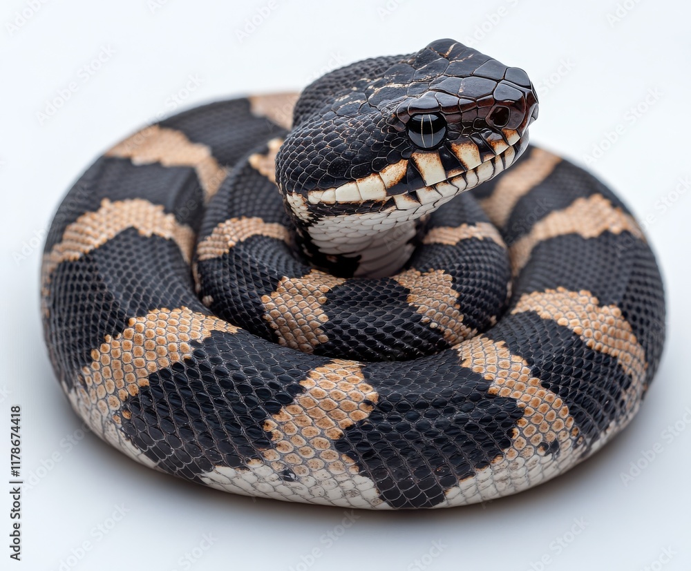 Poster captivating close-up of a coiled black and orange patterned snake displaying intricate scales and st