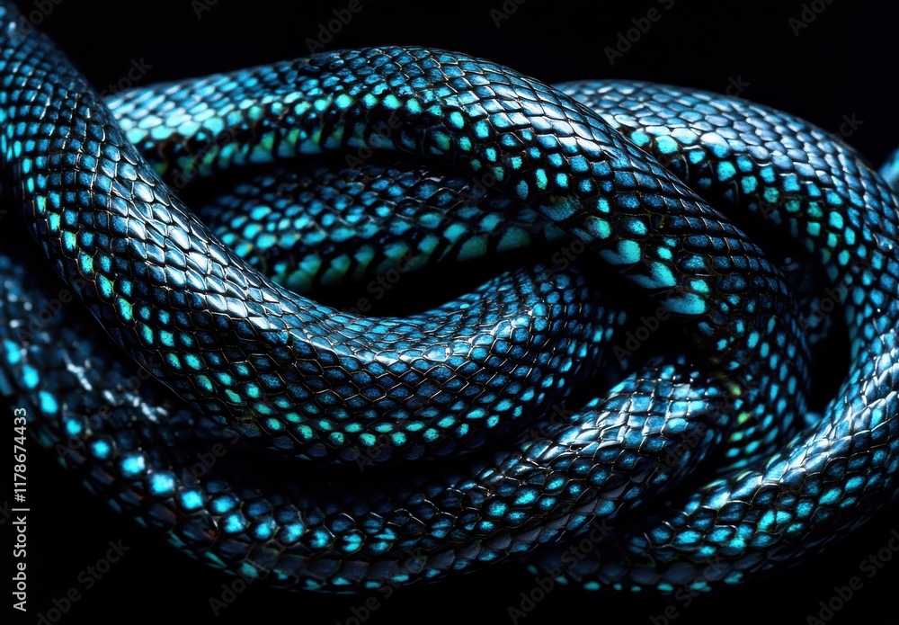 Poster captivating close-up of a coiled snake with iridescent blue skin against a dark background, showcasi