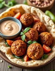 Flavorful plate of spiced falafel balls served with sauce and fresh tomatoes on flatbread