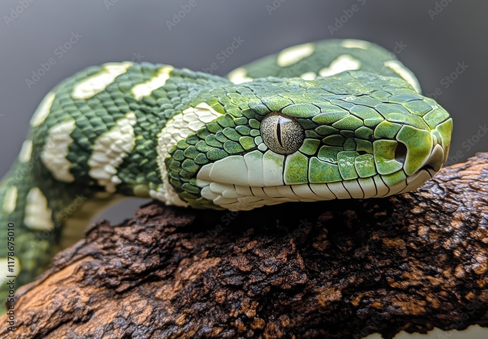Poster captivating close-up of a green snake with intricate patterns and textures resting on a natural wood