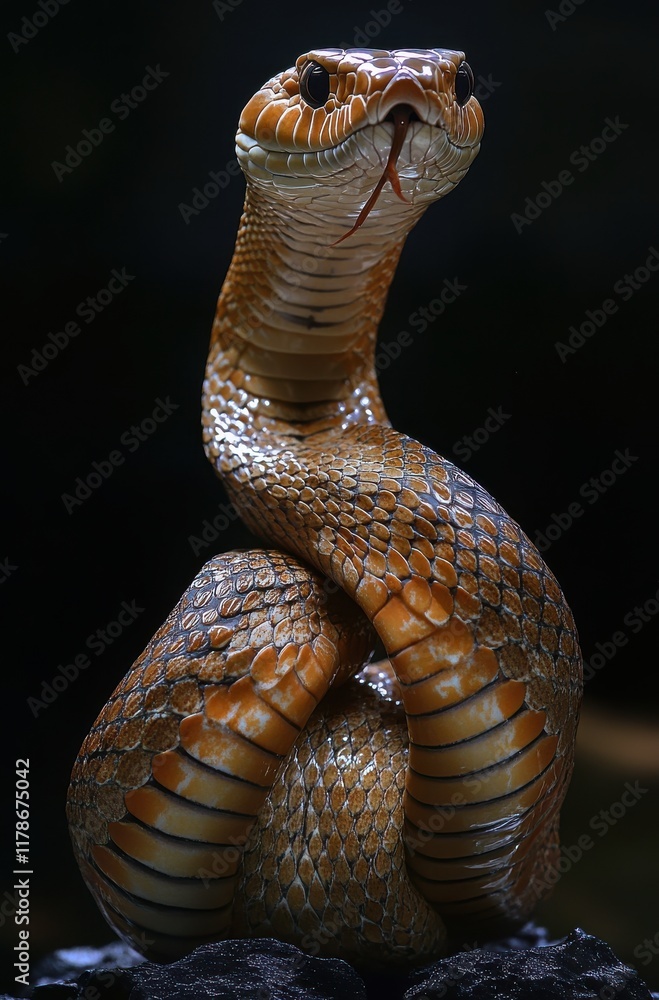 Poster captivating close-up of a majestic snake emitting an intriguing stance in a dark environment highlig