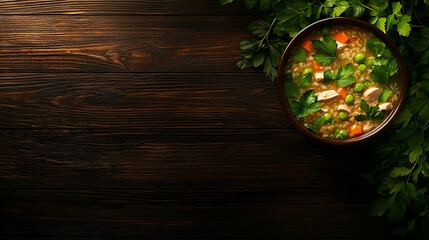 Light barley soup with boiled chicken pieces and fresh herbs, warming and hydrating
