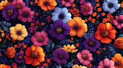Vibrant floral tapestry with diverse blooms in rich hues.