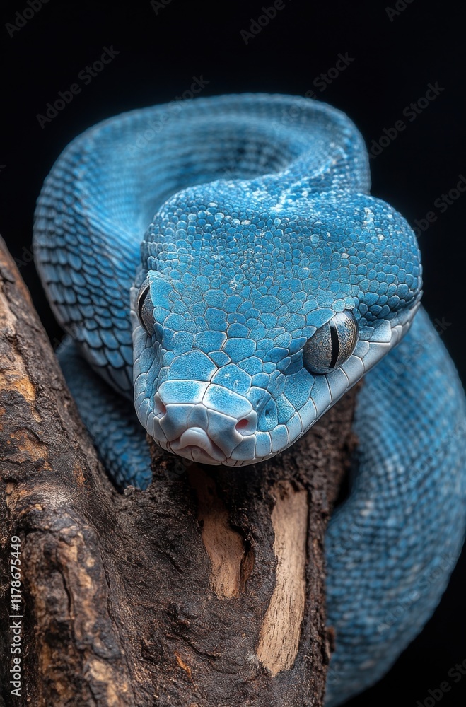Aufkleber captivating close-up of a vibrant blue snake resting on an intriguing tree branch against a dark bac