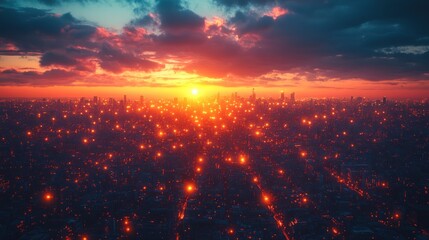 A vibrant sunset over a sprawling cityscape, illuminated by city lights and clouds.