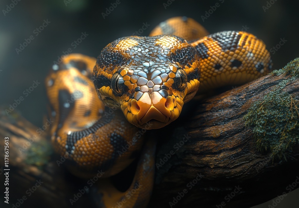 Poster captivating close-up of a vibrant yellow and orange snake coiled around a branch, showcasing its int