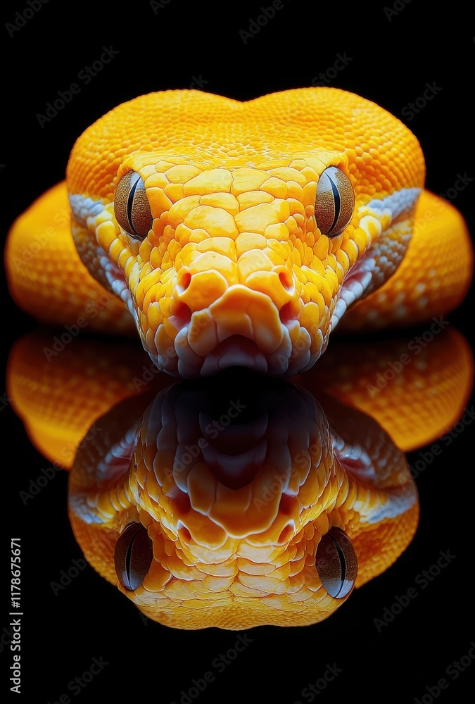 Poster captivating close-up of a yellow snake reflecting on black background with glossy finish highlightin
