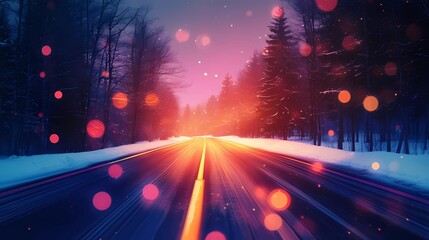 Enchanting winter forest road with glowing blurred bokeh lights background.
