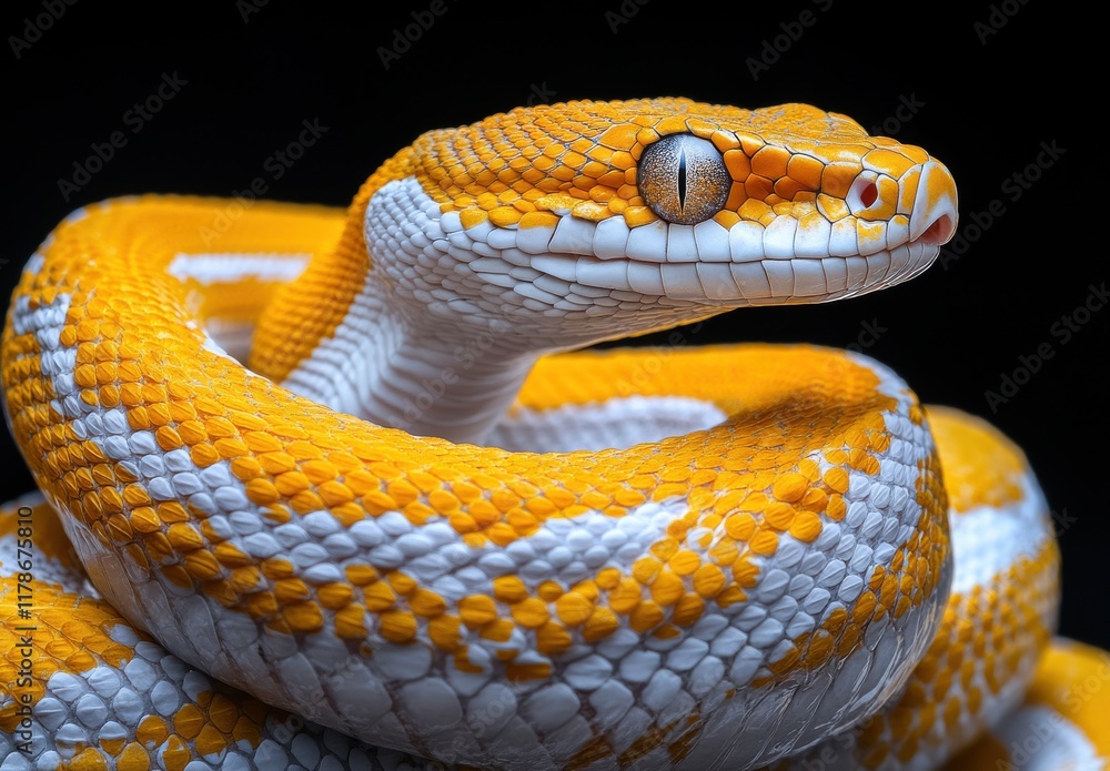 Aufkleber captivating close-up of an exotic yellow and white snake displaying its unique pattern against a bla