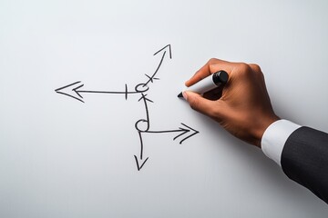 A hand sketches strategic arrows on a whiteboard, symbolizing decision-making and direction in business.