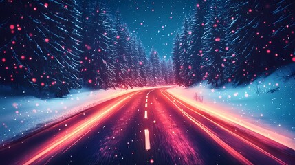 Enchanting winter forest road with glowing blurred bokeh lights background.