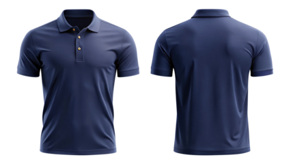 navy blue blank polo shirt template from two sides isolated on transparent white background, clipping path