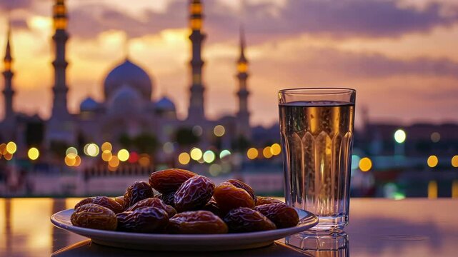 Beautiful Sunset Scene Featuring Dates and Water Amidst a Majestic Mosque Landscape