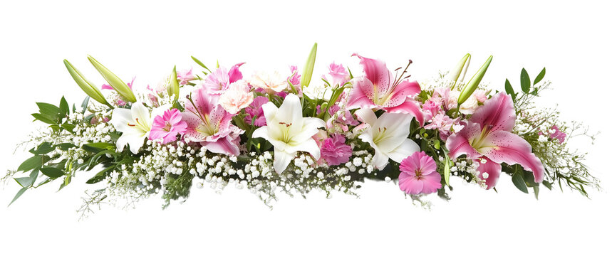 a beautiful flower arrangement with pink and white lilies isolated on a transparent background