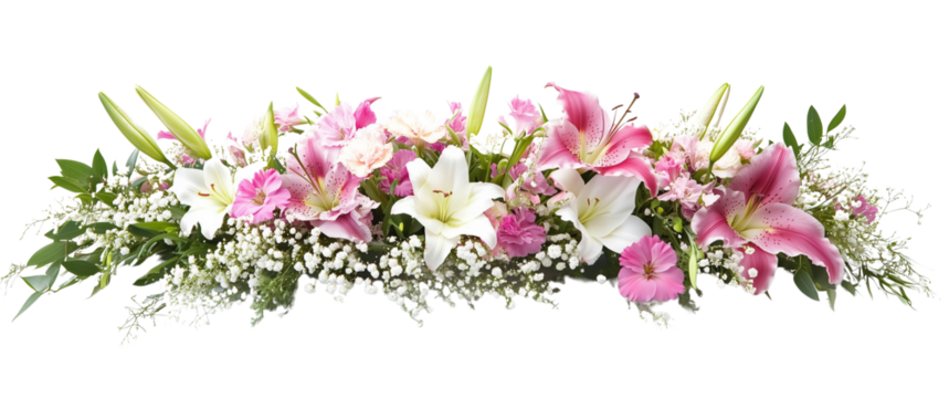 a beautiful flower arrangement with pink and white lilies isolated on a transparent background