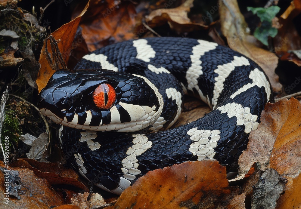 Poster captivating close-up of strike patterned snake resting on autumn leaves surrounded by nature's color