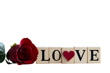 Eddy very beautiful feels LOVE in block letters on wooden blocks, next to it is the date of February 14th with a red heart and rose, isolated on a transparent background.