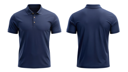 navy blue blank polo shirt template from two sides isolated on transparent white background, clipping path