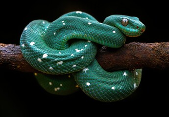 Obraz premium Captivating Green Snake Coiled on Branch Displaying Vibrant Scales and Unique Patterns, Set Against a Dark Background for Nature Photography