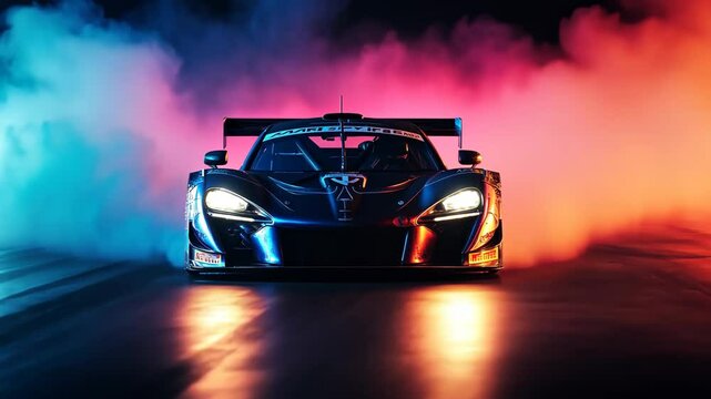 High-Performance Racing Car Surrounded by Colorful Smoke and Dramatic Lighting Effects