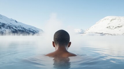 Serenity in the Frost Man Emerging from Icy Lake Amidst Snowy Peaks at Dawn