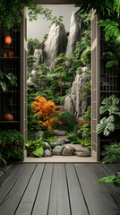 Scenic mountain landscape viewed through an open doorway with lush greenery and vibrant foliage.
