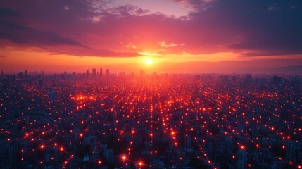 A vibrant sunset over a sprawling cityscape, illuminated by glowing lights.