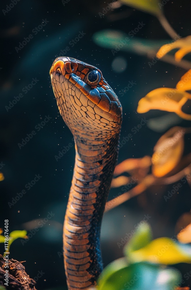 Poster captivating portrait of a snake with intricate scale patterns emerging from lush vegetation in a vib