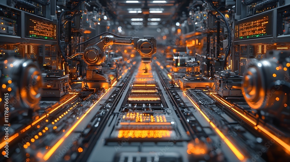 Poster sleek and automated modern factory with robotic arms assembling products