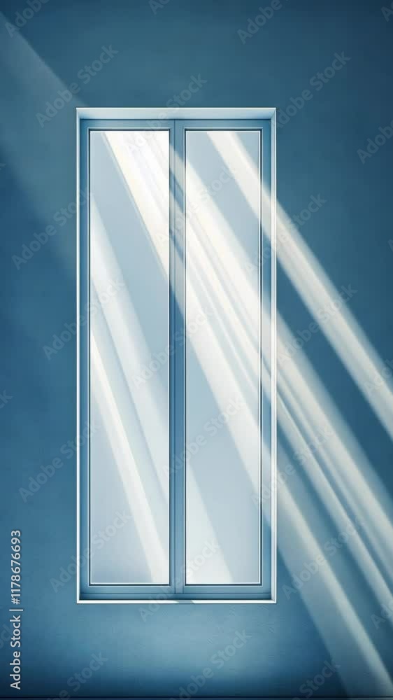 Poster light streams through modern window casting shadows on blue wall creating a serene atmosphere