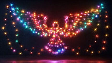 Realistic D Christmas lights garland glowing in neon colors, forming an elegant angel frame on a transparent background