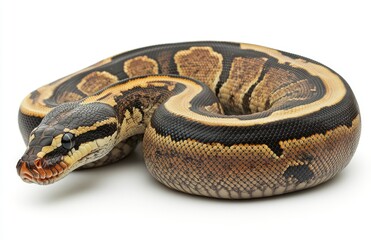 Obraz premium Captivating Royal Python Coiled on White Background with Distinctive Patterns and Rich Coloration Showcasing Unique Scales and Soft Curves in Serene Pose