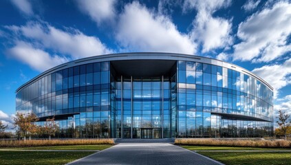 Fototapeta premium Modern glass corporate building exterior on a sunny day.