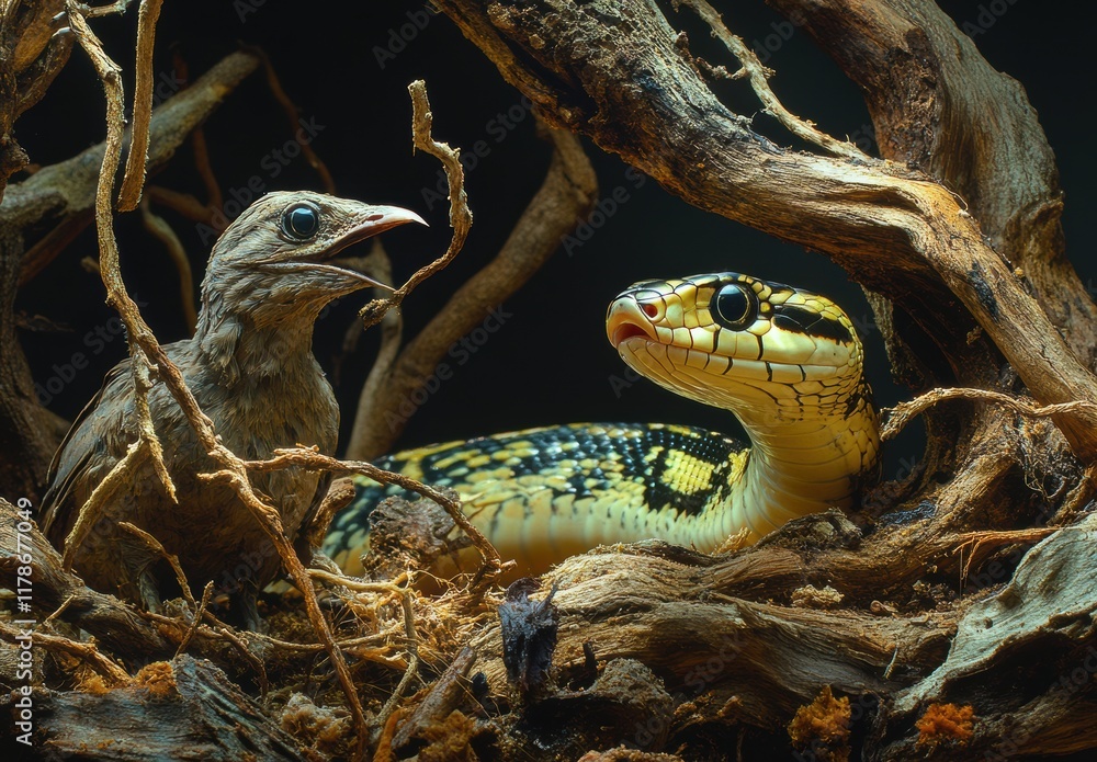 Poster close encounter between a colorful snake and a bird in a naturalistic setting surrounded by twisted 