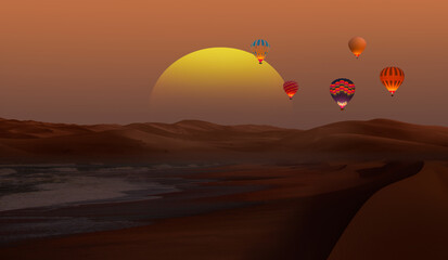 Fototapeta premium Hot air balloon flying over sand dunes in the Sahara Desert at amazing sunrise, Merzouga, Morocco - Orange dunes in the desert of Morocco - Sahara desert, Morocco