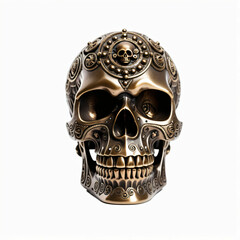 Metallic skull. Isolated on white background. Tribal art style. Front view, Digital illustration.
