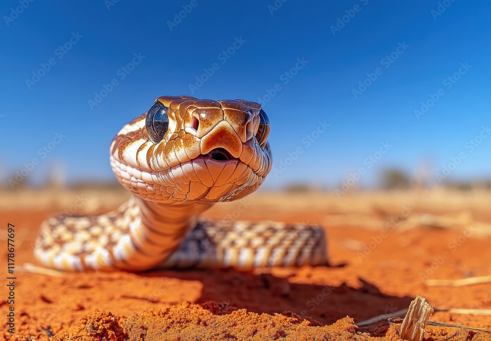 Poster close-up of a beautiful snake in a dry desert landscape, showcasing intricate patterns and textures 