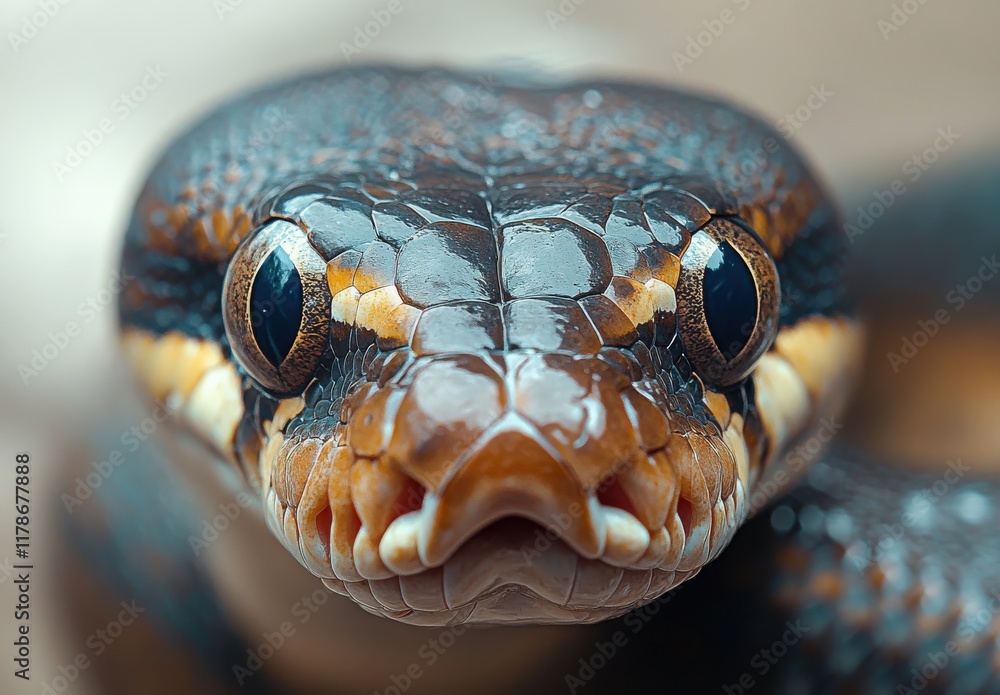 Poster close-up of a beautiful snake with intricate patterns and striking eyes captured in natural light, s