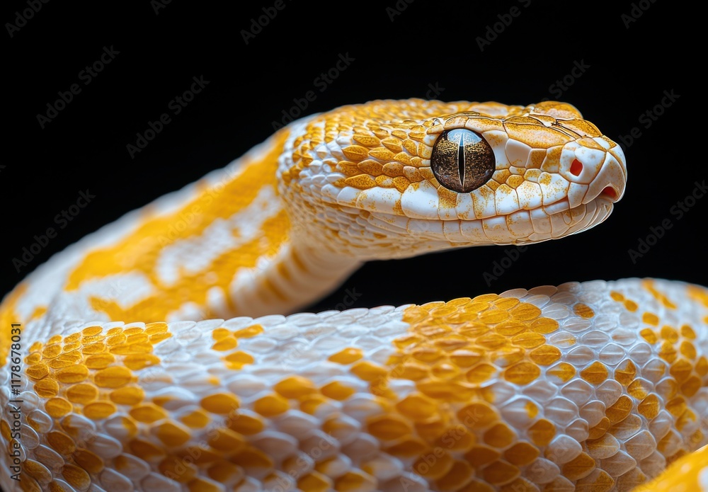 Poster close-up of a beautiful yellow and white snake on a black background with intricate scale patterns a
