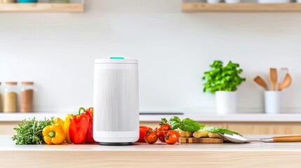 Smart hub on kitchen counter, surrounded by fresh ingredients and cooking utensils, lively natural light, emphasizing convenience and integration