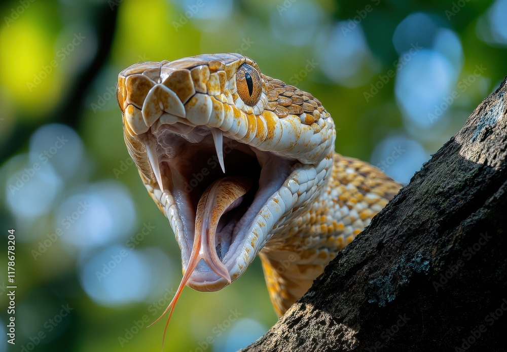 Poster close-up of a beautiful yellow snake with open mouth and visible fangs perched on a tree branch in a