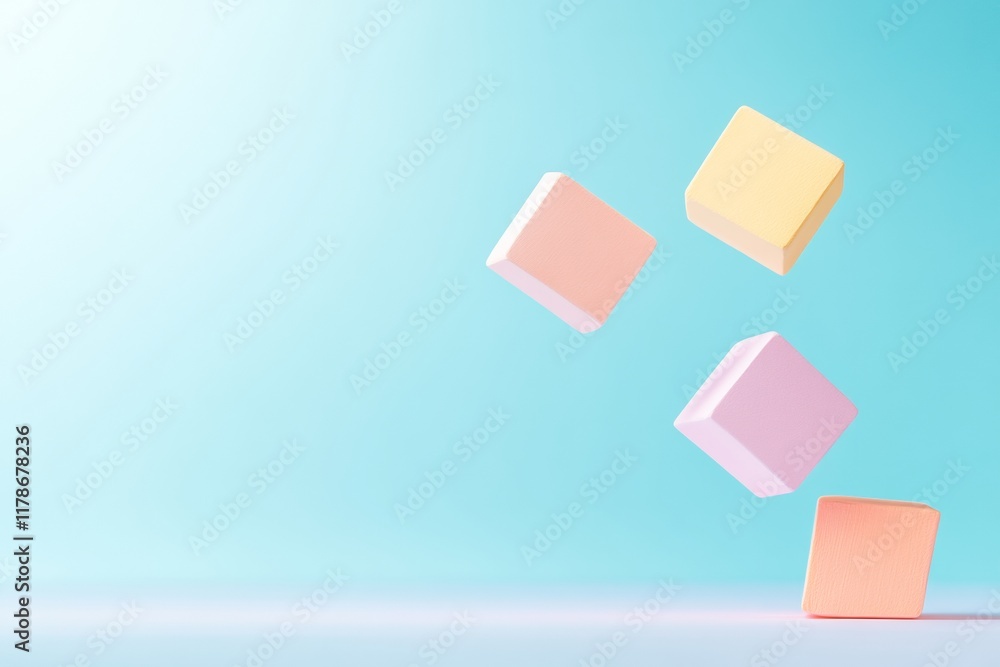 Poster pastel geometric shapes floating against a soft gradient background