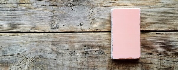 Worn-out eraser with visible texture marks, placed on a rustic wood surface, close-up detail, contrast of rough and smooth, natural lighting