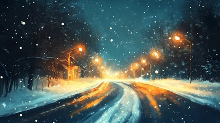 Fototapeta premium Blurred glowing bokeh lights softly illuminate a quiet winter forest road surrounded by snow-covered trees creating a serene and magical ambiance
